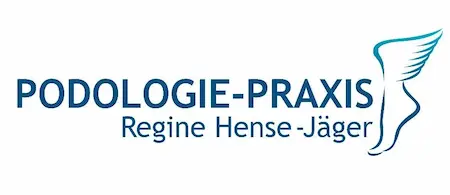 Logo der Podologie-Praxis Regine Hense-Jäger mit stilisiertem Fuß und Flügeln.